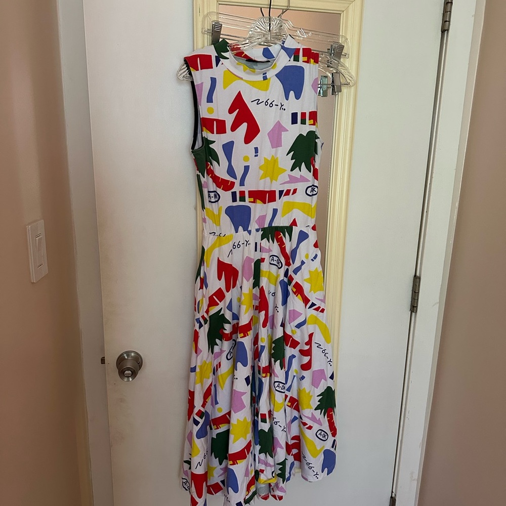 Nooworks A-OK Dahlia Sleveless Midi Dress in Colorful Abstract Fun Playful Print